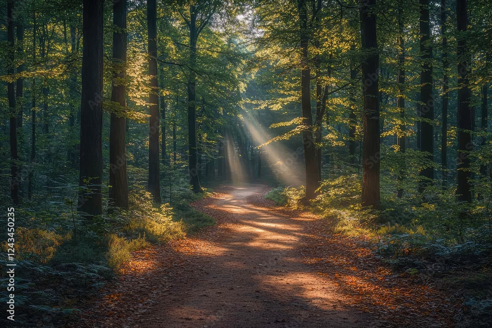 Obraz premium Sunlit Forest Path A Serene Autumnal Scene