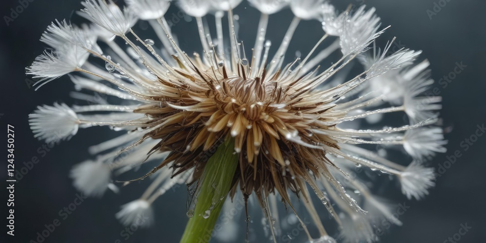 Water drops clinging to a single dandelion seed , stick, water droplets, macro Water drops clinging to a single dandelion seed , stick, water droplets, macro