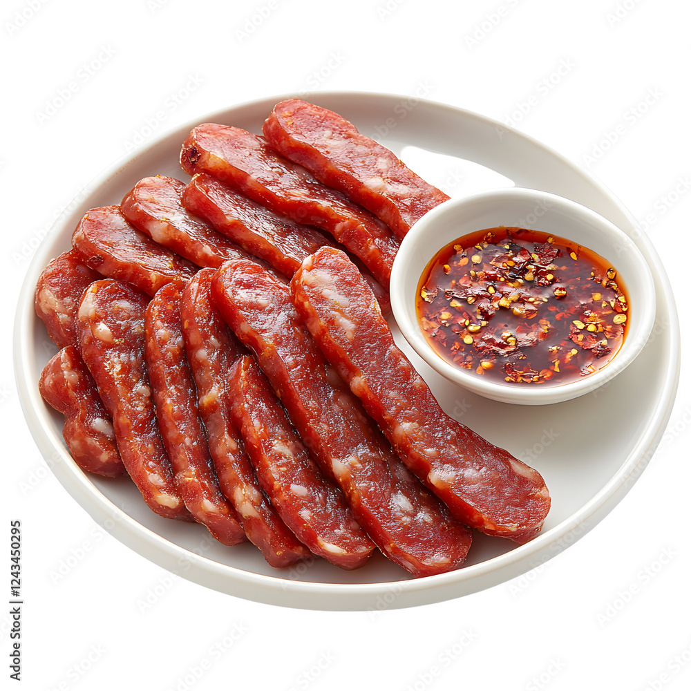 Slices of savory sausages arranged on a plate with chili sauce, isolated on white background. Slices of savory sausages arranged on a plate with chili sauce, isolated on white background.
