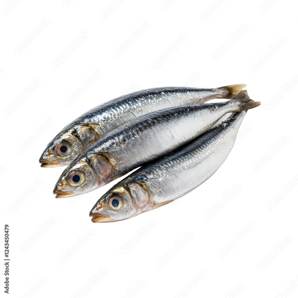 Fresh Sardines, Three Silver Fish on White Background Fresh Sardines, Three Silver Fish on White Background