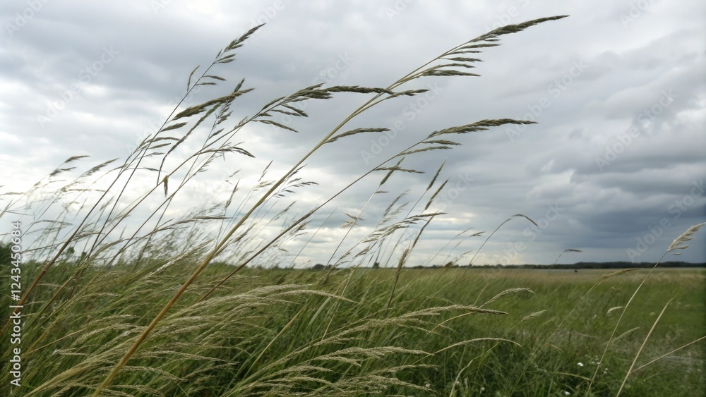 Obraz premium Tall grasses swaying in the wind on a cloudy day, wildflowers, soft focus, nature, windy day
