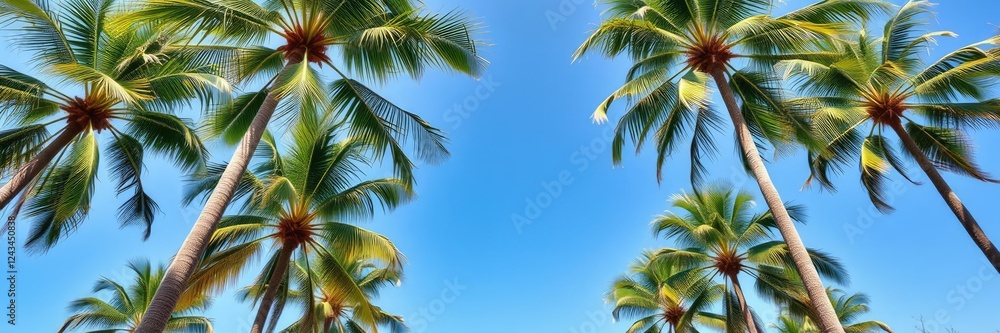 Fototapeta premium Tall green palm trees swaying in the wind, outdoor scenery, tall palm trees