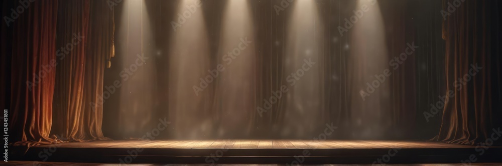 Fototapeta premium Theaters curtains slowly open to reveal a warm beam of light shining onto the darkened stage , dark stage, spotlight
