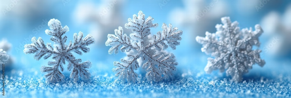 Unique snowflakes in various shapes scattered on a soft blue gradient background Unique snowflakes in various shapes scattered on a soft blue gradient background