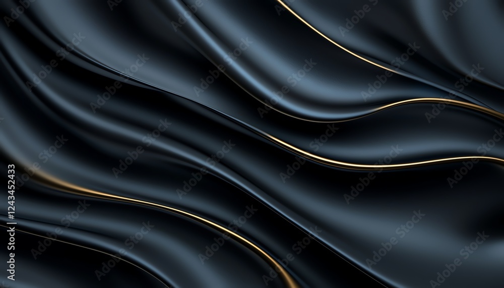Obraz premium A captivating close-up image of smooth satin fabric, showcasing deep black tones and subtle golden lines weaving through the material, creating a luxurious and elegant visual appea