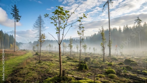 Forest regeneration action nature reserve landscape photography morning mist serene environment ecosystem restoration