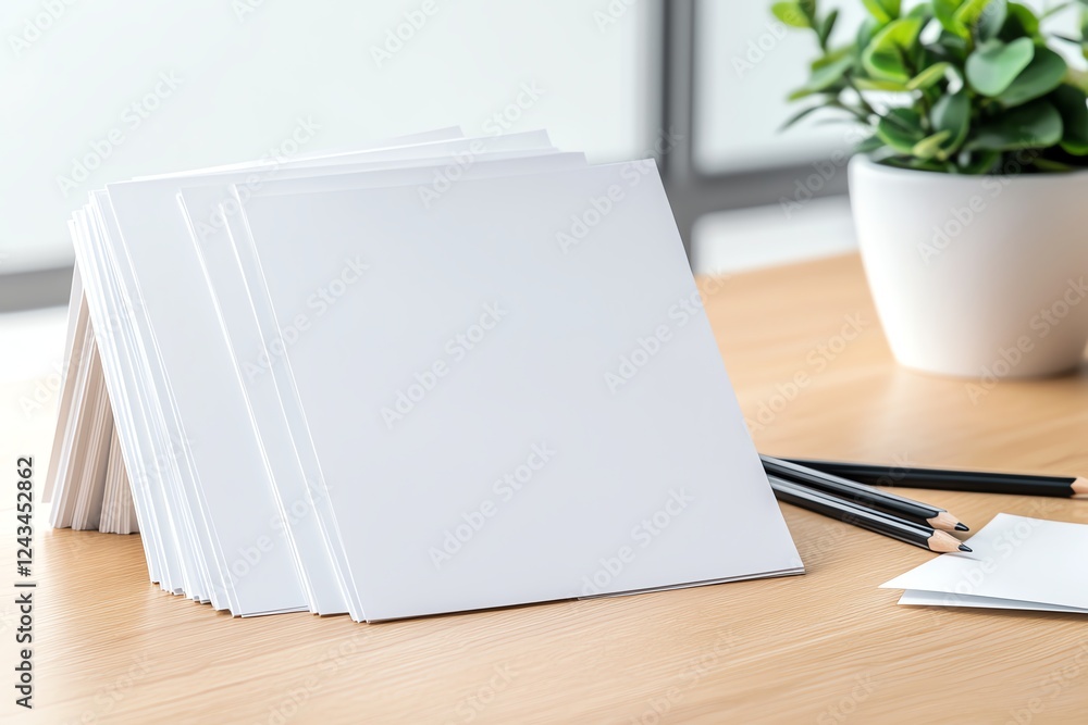 A clean workspace featuring blank sheets of paper stacked neatly alongside pencils and a small green plant, ideal for creative and planning activities in an office environment. A clean workspace featuring blank sheets of paper stacked neatly alongside pencils and a small green plant, ideal for creative and planning activities in an office environment.