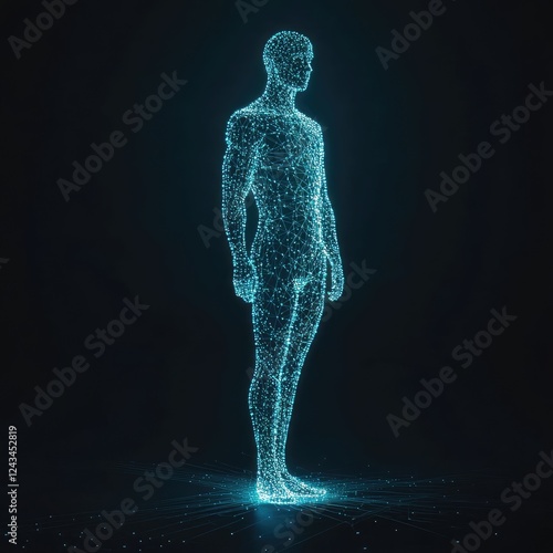 a technical wireframe render of a full human body,facing the camera, on black Background