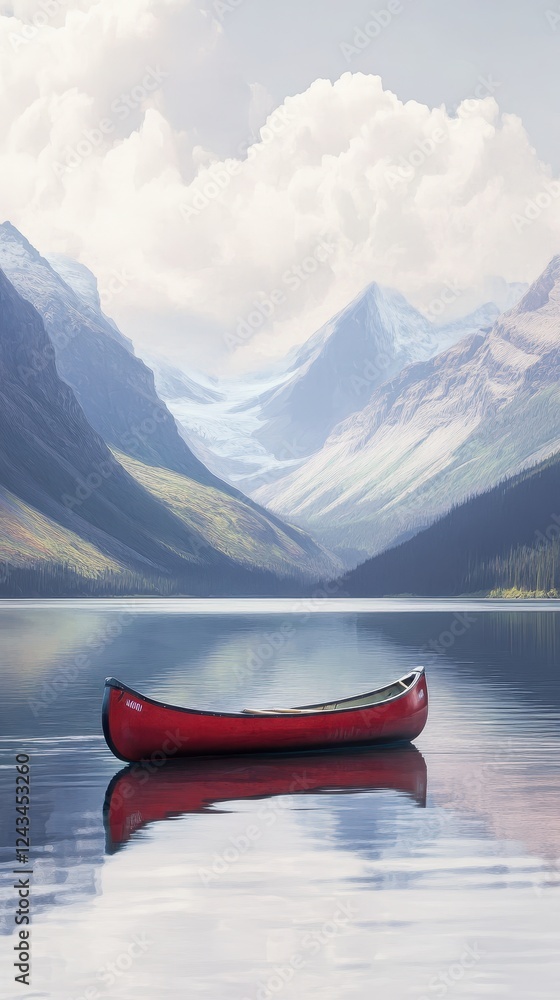 Obraz premium Red canoe floating on a tranquil mountain lake