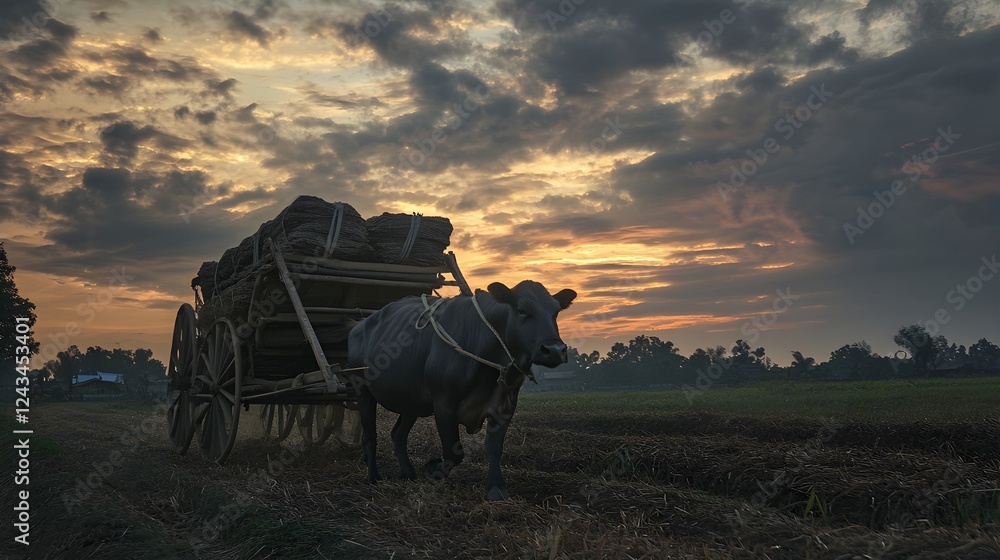 A buffalo pulls a wooden cart loaded with sacks along a dirt path at sunset, with dramatic clouds and a rural landscape in the background. A buffalo pulls a wooden cart loaded with sacks along a dirt path at sunset, with dramatic clouds and a rural landscape in the background.