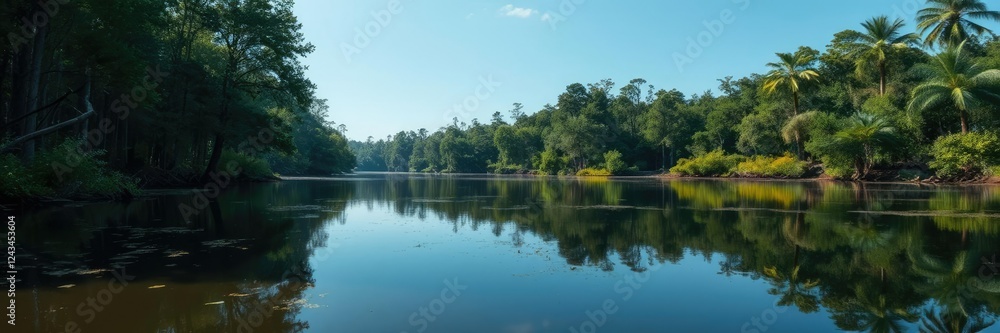 The serene surface of a still swampy lake surrounded by towering trees and lush greenery, nature, lake, vegetation The serene surface of a still swampy lake surrounded by towering trees and lush greenery, nature, lake, vegetation