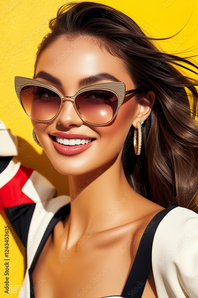 Fototapeta premium woman sunglasses young girl yellow attractive fashion beautiful lifestyle glamour trendy on yellow background