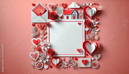 Valentine's Day frame - Greeting Card, paper craft style with copy space. .