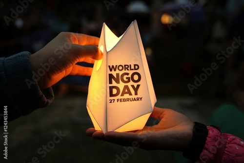 Hands passing glowing lantern for World NGO Day celebration.