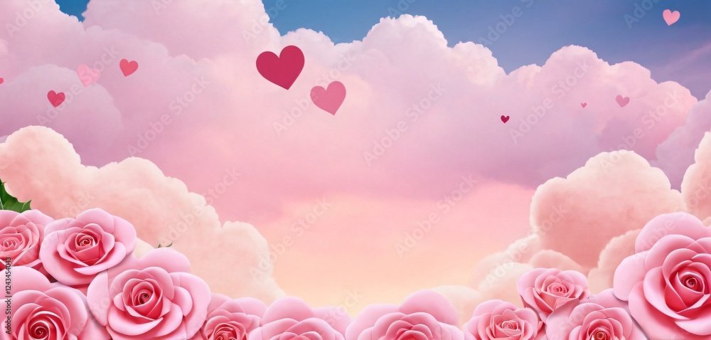 horizontal baner with pink sky and paper cut cloud. place for text happy valentineday