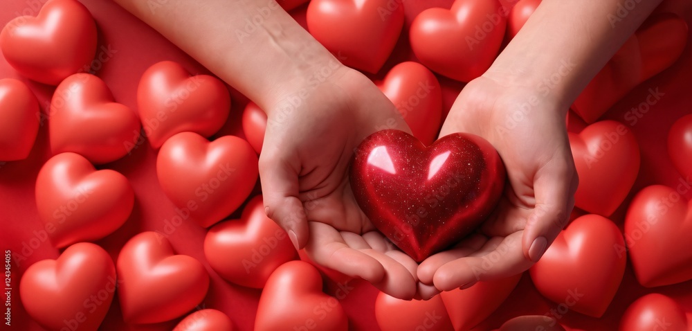 3D hands hugging a red heart with love