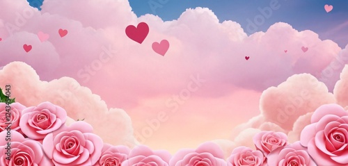 Obraz na płótnie horizontal baner with pink sky and paper cut cloud. place for text happy valentineday w salonie