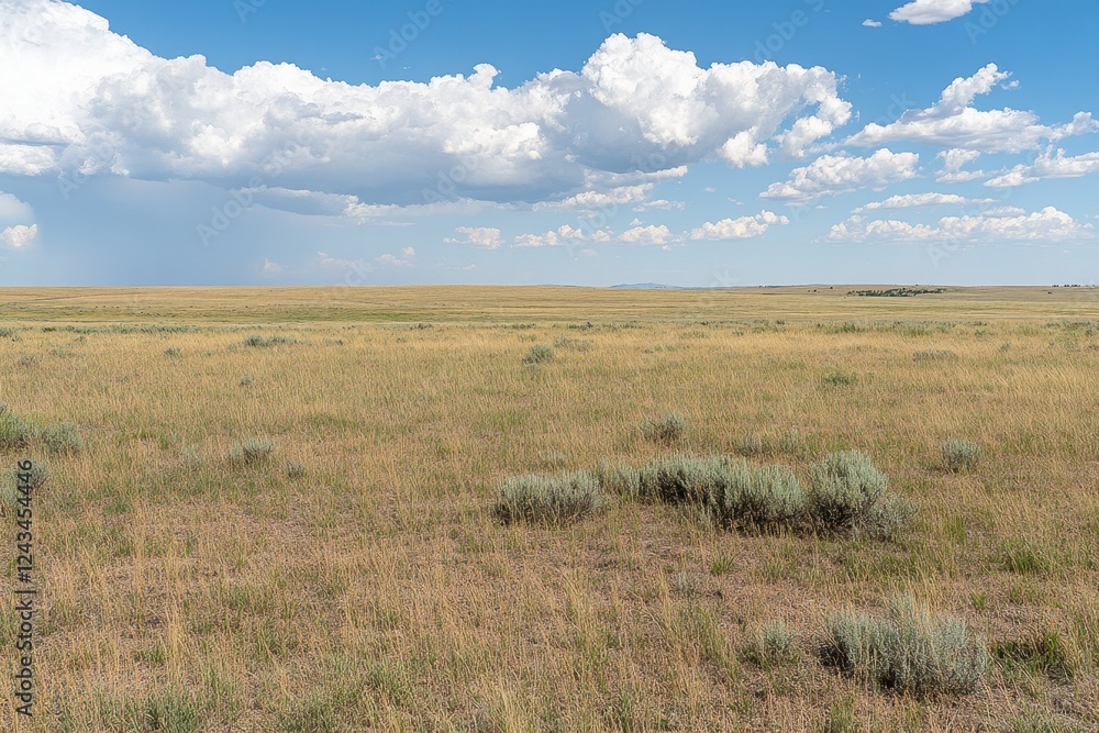 Expansive Grassland Under Blue Sky with Fluffy White Clouds Expansive Grassland Under Blue Sky with Fluffy White Clouds