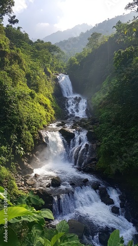 Cascading waterfall in a lush green forest