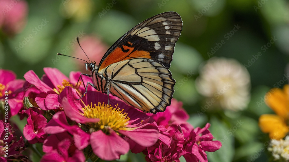 Monarch Butterfly Sipping Nectar from Vibrant Pink Zinnia Blossoms Monarch Butterfly Sipping Nectar from Vibrant Pink Zinnia Blossoms