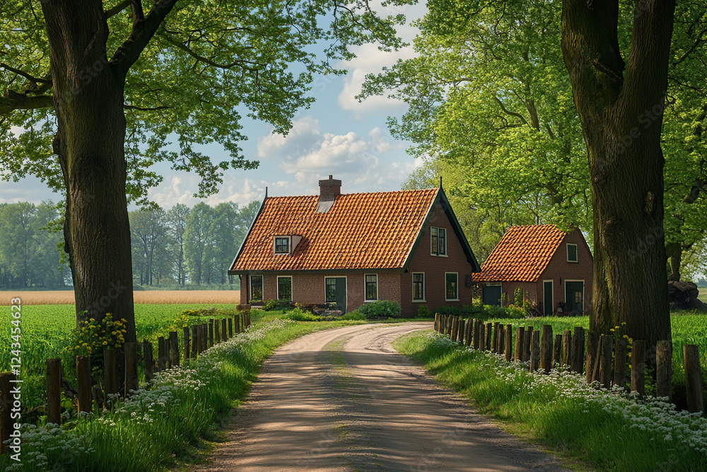 Countryside with country road leading to the house in retro style Countryside with country road leading to the house in retro style