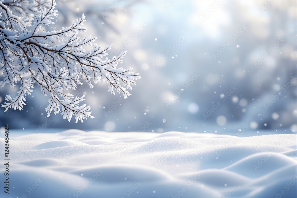 Fototapeta premium Snow-covered tree branches with frost details on a soft snowy ground, blurred background. Winter nature concept with snowfall and cold season atmosphere. Ai generative