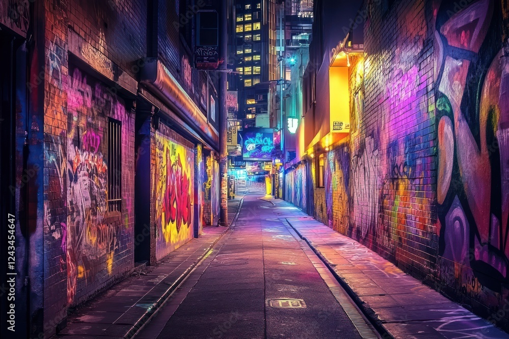 Fototapeta premium Night alleyway graffiti urban city nightlife background