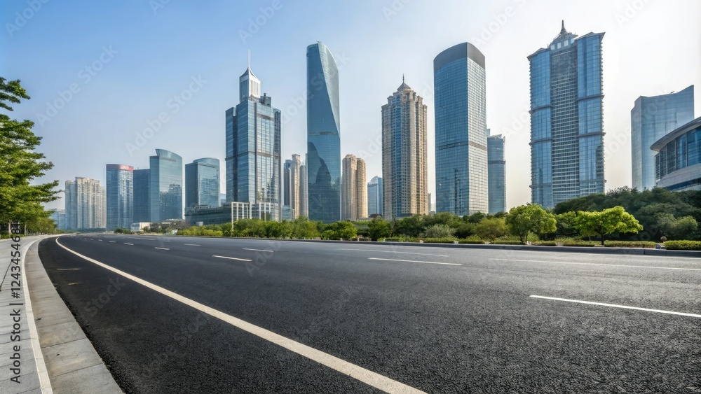 Wide asphalt road stretching through a modern cityscape with sleek skyscrapers and glass towers in the background, urban sprawl, cityscape, skyscraper, highway, modern city Wide asphalt road stretching through a modern cityscape with sleek skyscrapers and glass towers in the background, urban sprawl, cityscape, skyscraper, highway, modern city
