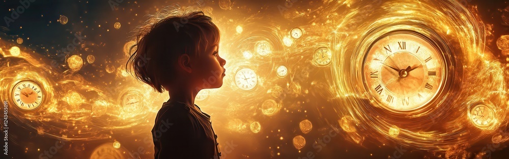 Fototapeta premium Child glowing with vibrant light and surrounded by swirling time elements in a captivating cosmic scene