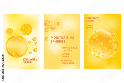 Abstract beauty cosmetic poster set with hyaluronic acid, collagen, niacinamide serum molecular spheres banner. Yellow gold serum or gel cosmetology advertisement. Aesthetic premium cosmetic texture