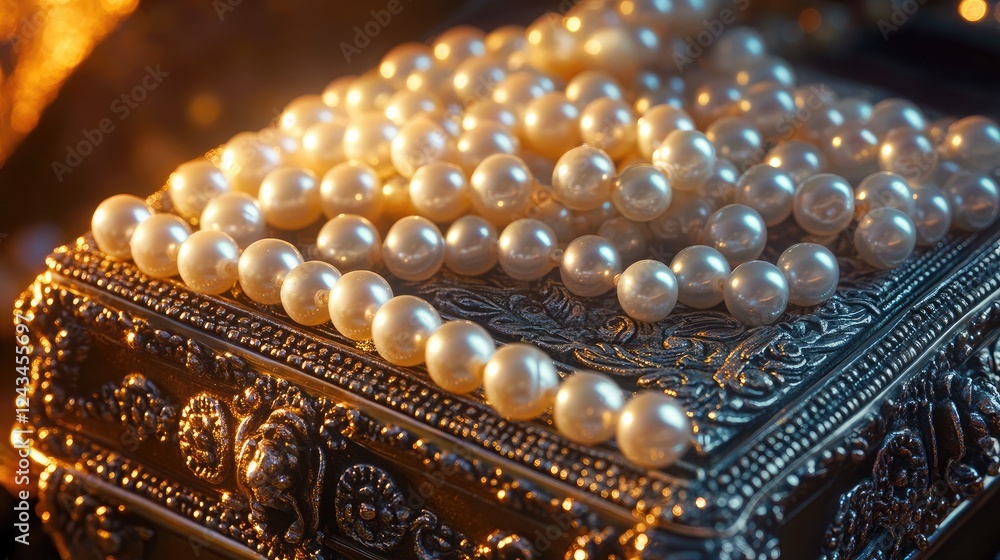 Pearls draped over a silver jewelry box, with intricate metal detailing catching the light Pearls draped over a silver jewelry box, with intricate metal detailing catching the light