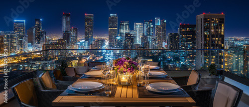 Wallpaper Mural Rooftop table set for evening, city skyline illuminated by night lights-3 Torontodigital.ca
