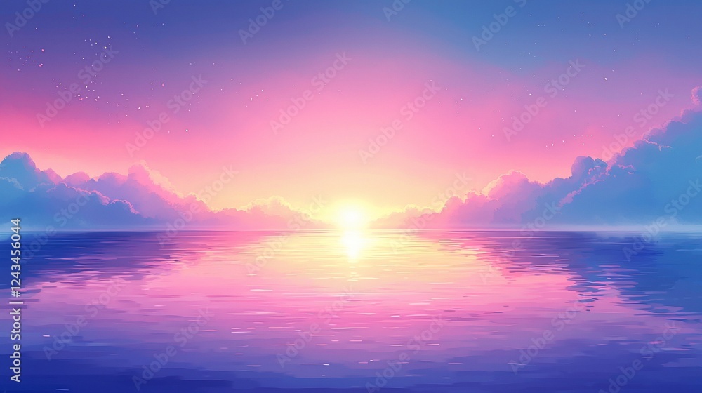Peaceful ocean sunset, pink sky, clouds reflecting, tranquil scene, ideal for calming backgrounds