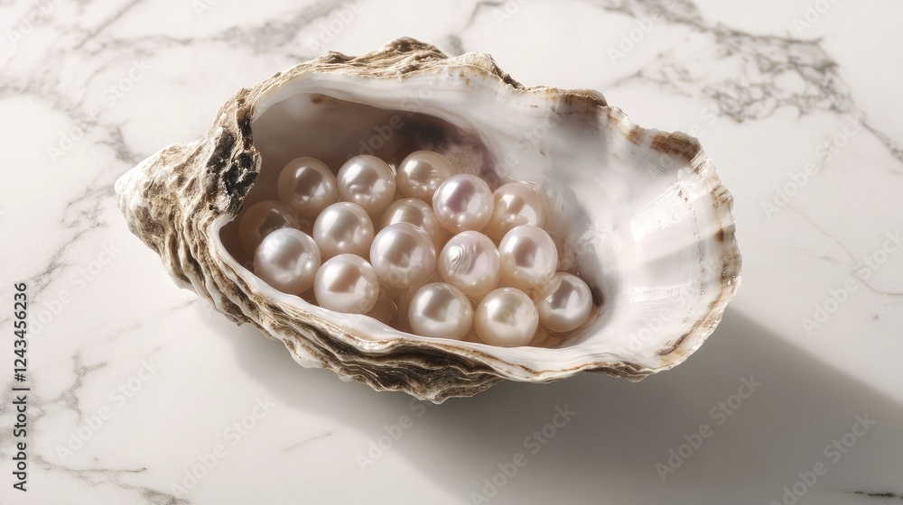 Pearls nestled inside an open oyster shell placed on a white marble background Pearls nestled inside an open oyster shell placed on a white marble background