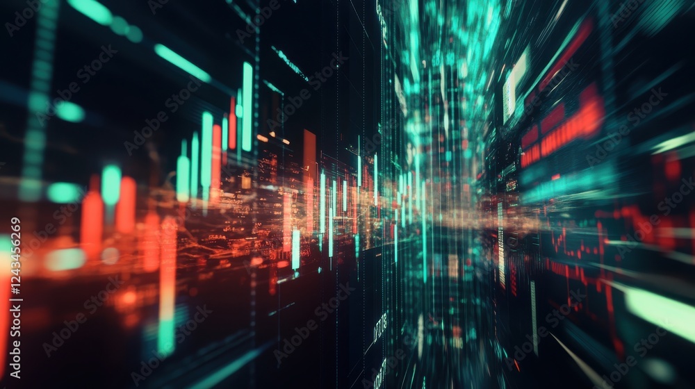 Obraz premium Trading icon navigates intense market dynamics with vibrant data visualizations and rapid fluctuations