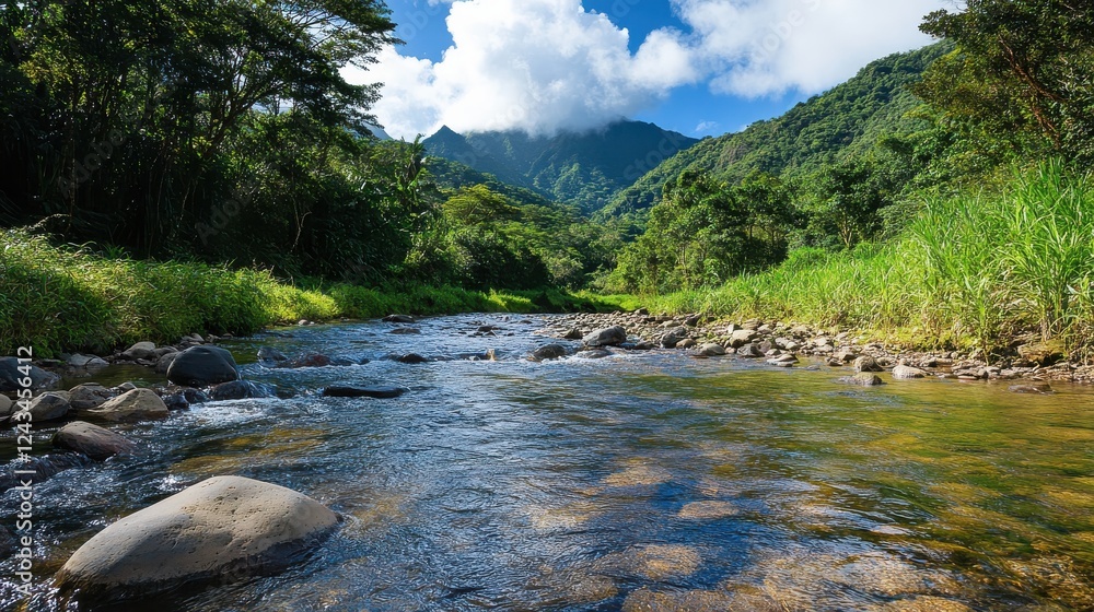 Tranquil mountain stream with students enjoying nature and learning under a clear blue sky Tranquil mountain stream with students enjoying nature and learning under a clear blue sky