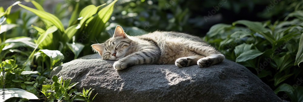 Sleeping Tabby Cat on Rock Surrounded by Green Plants Sleeping Tabby Cat on Rock Surrounded by Green Plants