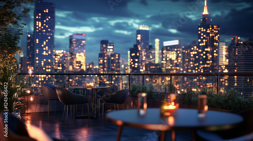 Wallpaper Mural Stylish rooftop table with city skyline, city lights twinkling at night-3 Torontodigital.ca