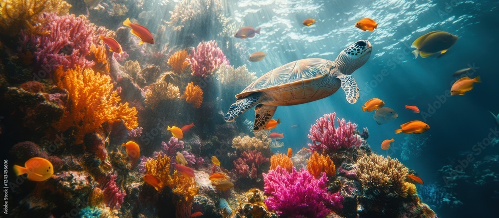 Naklejka premium Turtle swims vibrant coral reef
