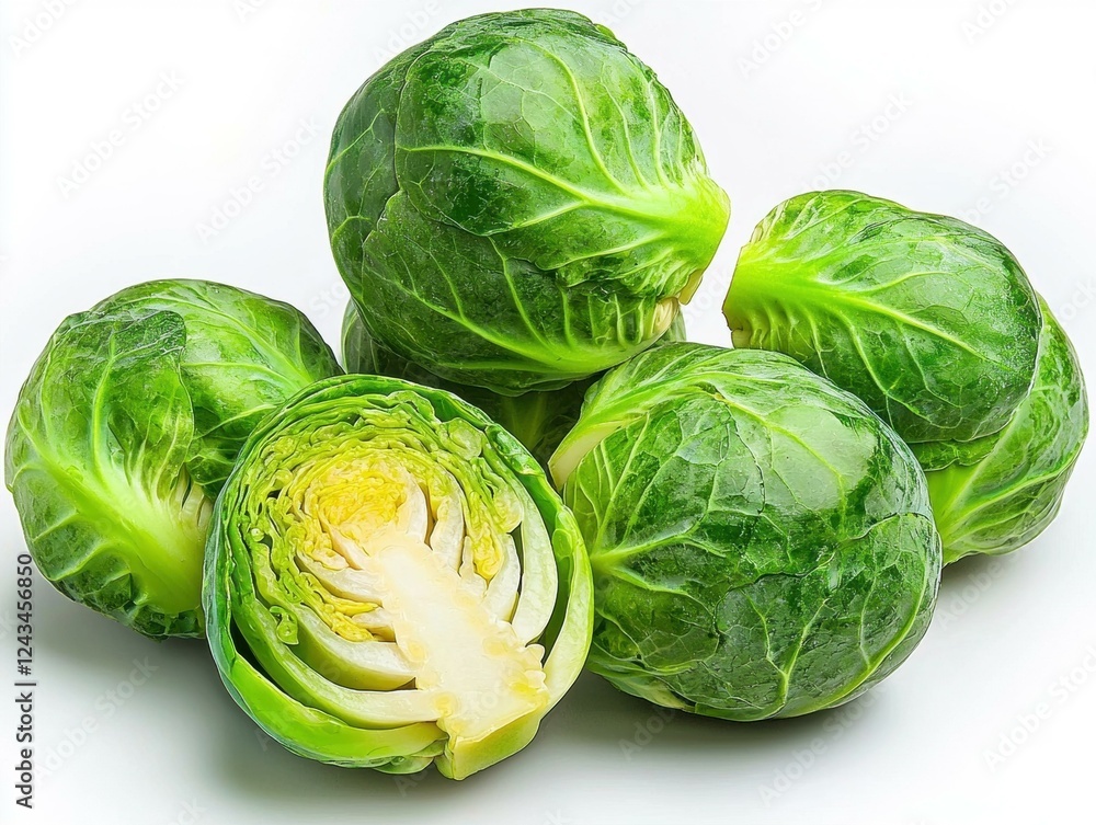 Fototapeta premium Fresh green Brussels sprouts on white background.