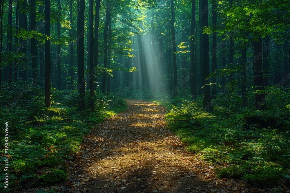 Obraz premium Sunbeams Illuminate Forest Path Through Lush Green Trees