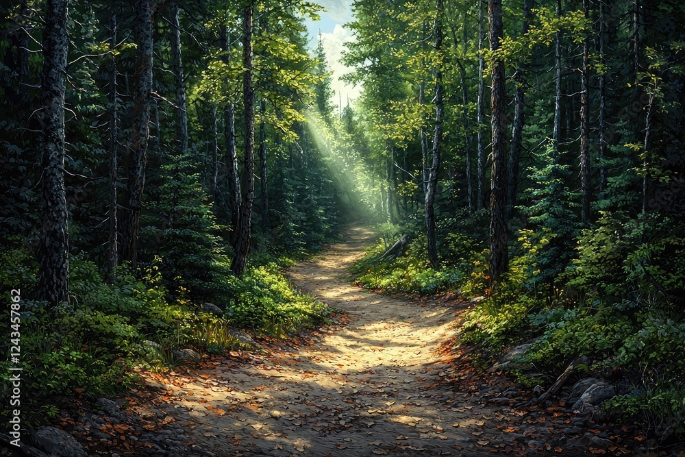 Obraz premium Sunlit Path Through A Lush Green Forest