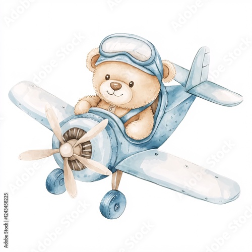 A teddy bear is sitting in the cockpit of a blue airplane. The airplane is surrounded by stars and clouds