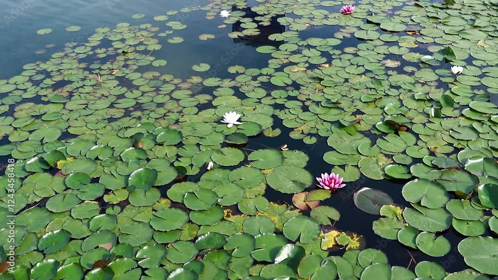 4k aerial video of serene pond with vibrant lily pads and flowers amidst calm water reflections 4k aerial video of serene pond with vibrant lily pads and flowers amidst calm water reflections