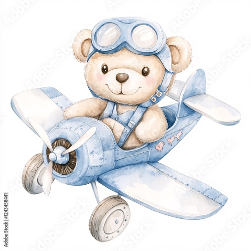 A teddy bear is sitting in the cockpit of a blue airplane. The airplane is surrounded by stars and clouds
