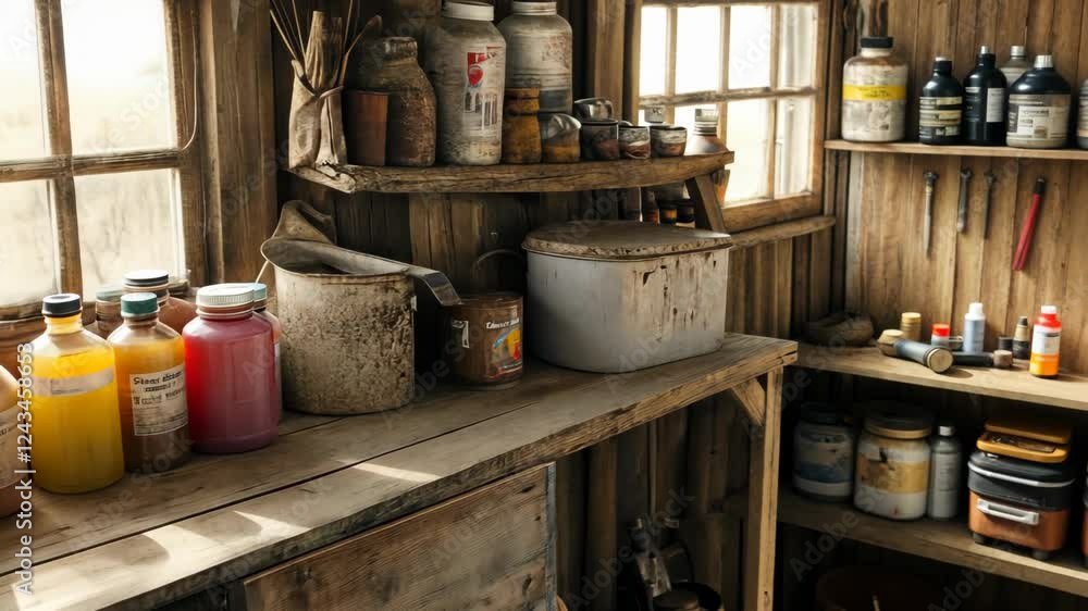Colorful paint supplies arranged on rustic wooden shelves in an art workshop Colorful paint supplies arranged on rustic wooden shelves in an art workshop