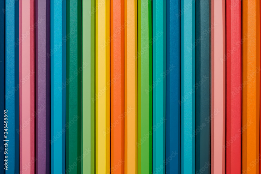 Obraz premium Vibrant rainbow colored pencils arranged in parallel lines, a spectrum of colors creating a visually appealing pattern, perfect for design and art-related projects 