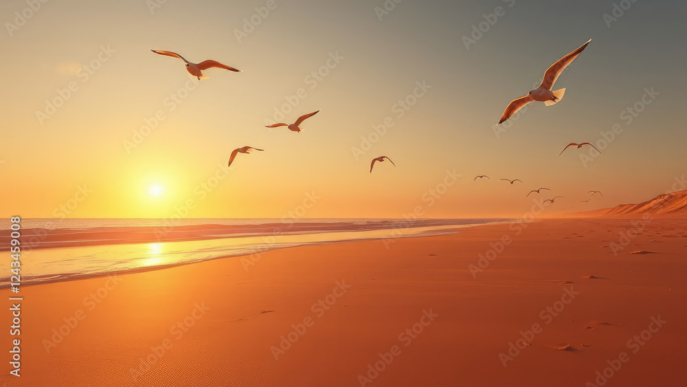 Fototapeta premium Warm sandy beach at sunset with few seagulls flying overhead, summer days, seagulls