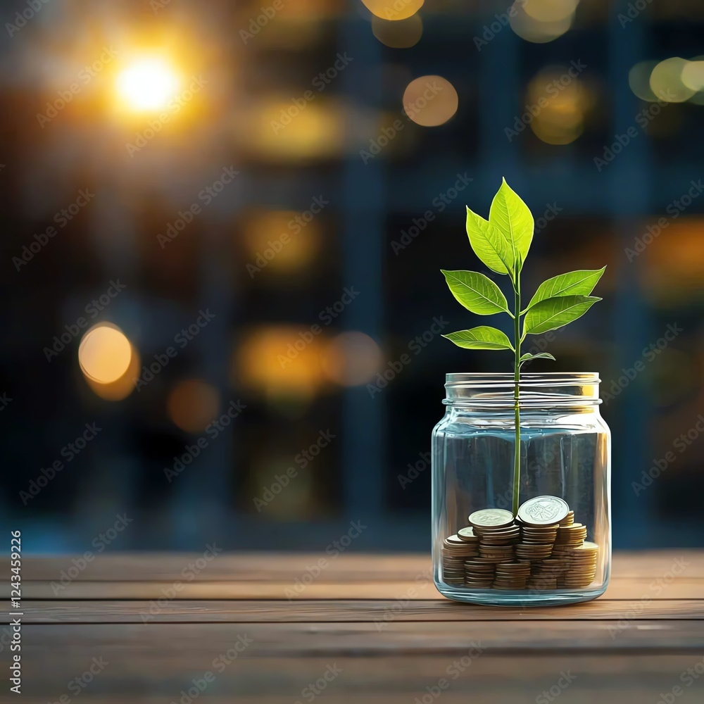 A glass jar filled with coins and a green plant emerging from the coins. This image symbolizes growth, investment, and the potential for financial success. A glass jar filled with coins and a green plant emerging from the coins. This image symbolizes growth, investment, and the potential for financial success.