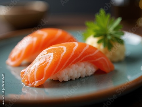 Perfectly crafted sushi featuring vibrant salmon with a side of wasabi served on a blue plate photo